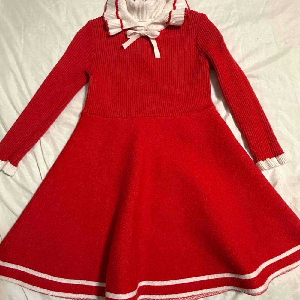 Red Knit Fit-and-Flare Dress with White Collar Trim